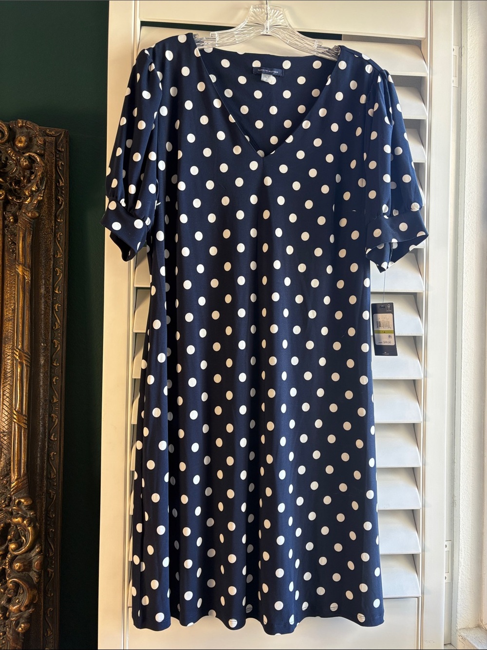 Tommy Hilfiger Navy and White Polka Dot Midi Dress, size 14 NWT